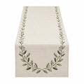 Runner da Tavola Ricamato con Motivo di Foglie 140x40cm Beige e Verde