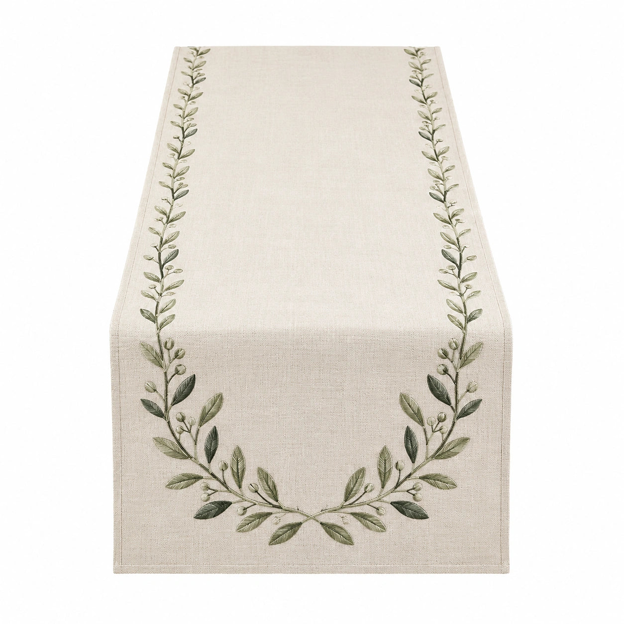 Runner da Tavola Ricamato con Motivo di Foglie 140x40cm Beige e Verde