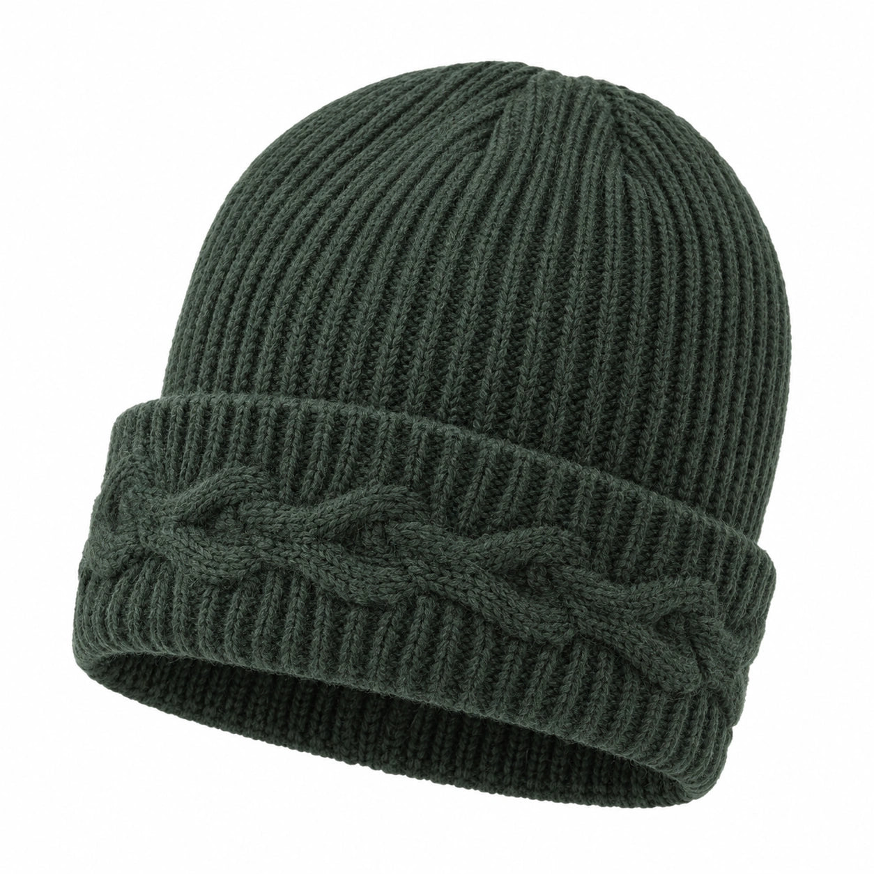 Berretto a Maglia con Motivo Intrecciato Verde Scuro