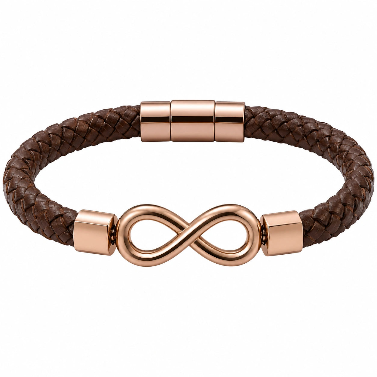 Bracciale in Pelle Intrecciata Marrone con Simbolo Infinito in Oro Rosa