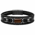 Bracciale Uomo Nero in Pelle Intrecciata con Decorazione in Legno