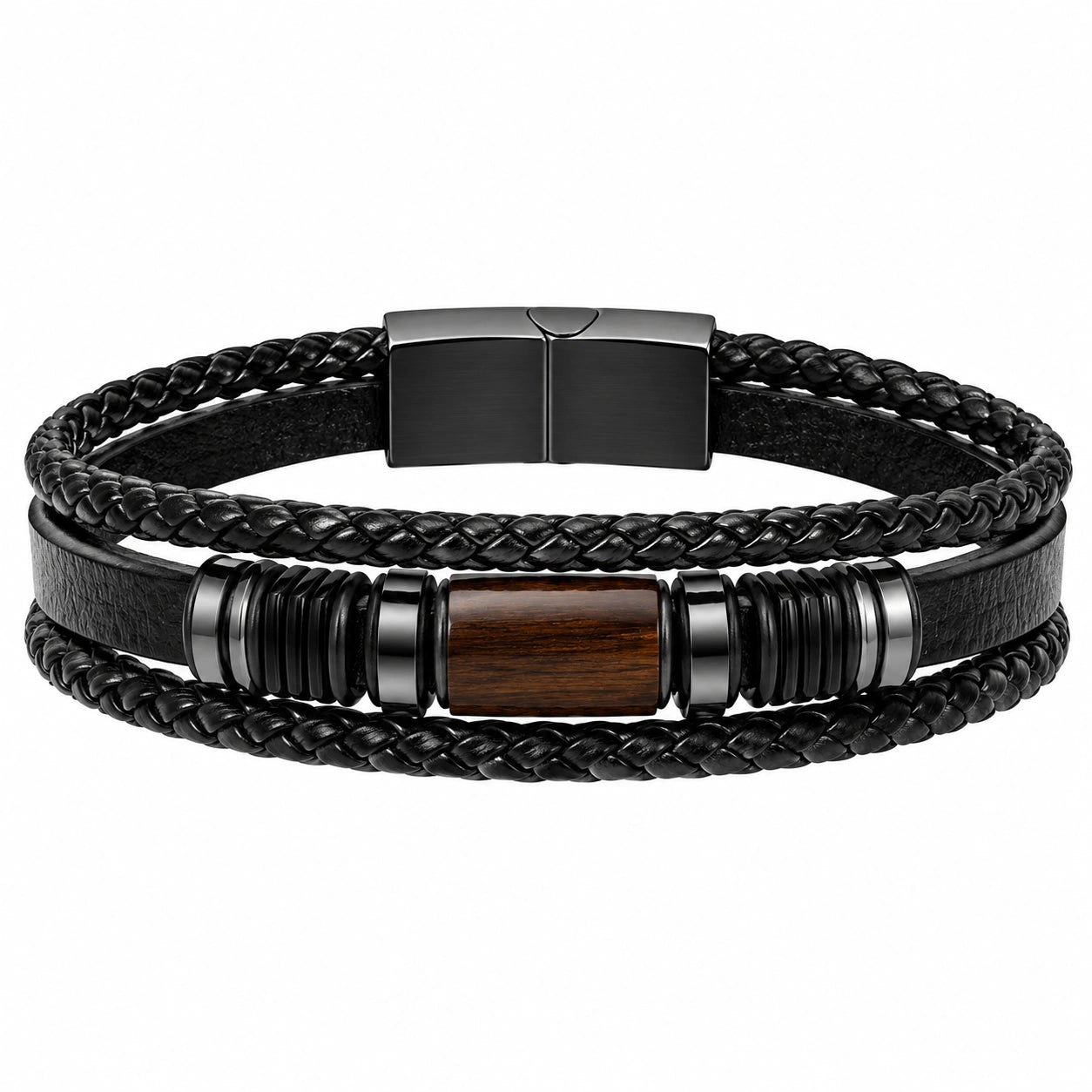 Bracciale Uomo Nero in Pelle Intrecciata con Decorazione in Legno