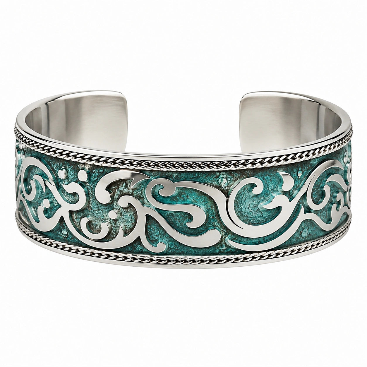 Bracciale Rigido con Motivo Astratto Argento e Turchese
