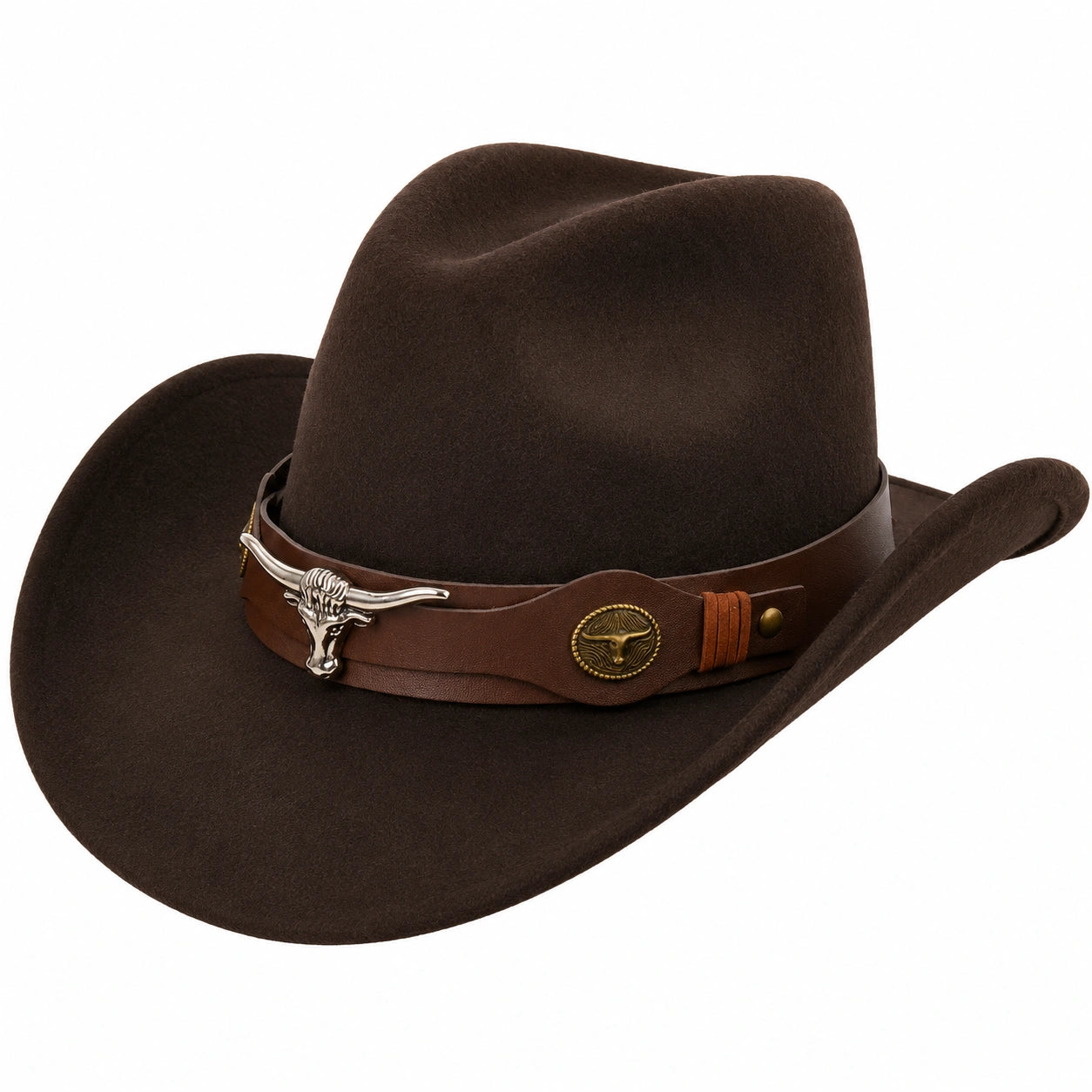Cappello da Cowboy in Feltro Marrone con Decorazione Teschio
