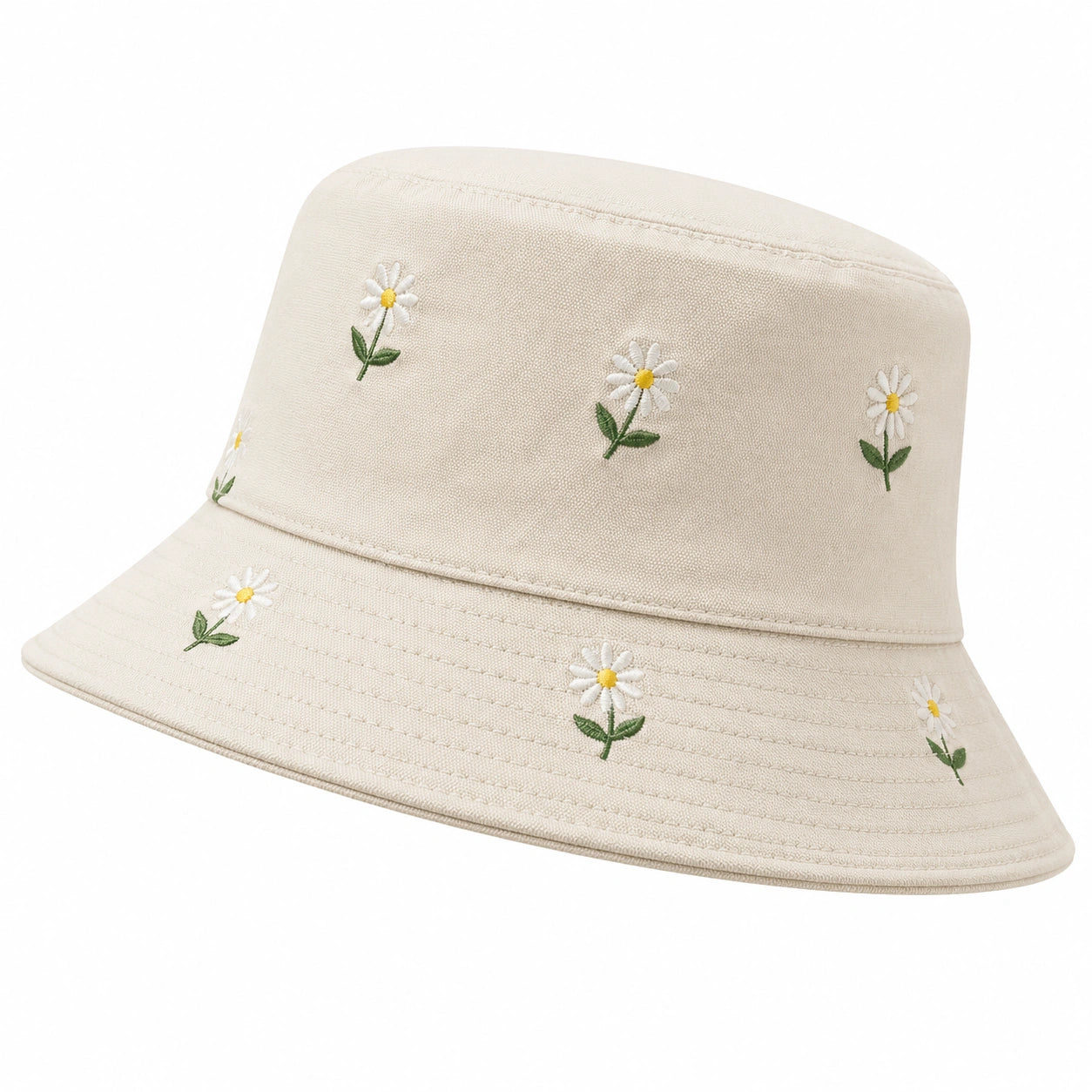 Cappello da Pescatore Ricamato con Margherite Beige