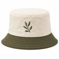 Cappello a Secchiello Ricamato Bicolore Beige e Verde con Motivo a Foglie