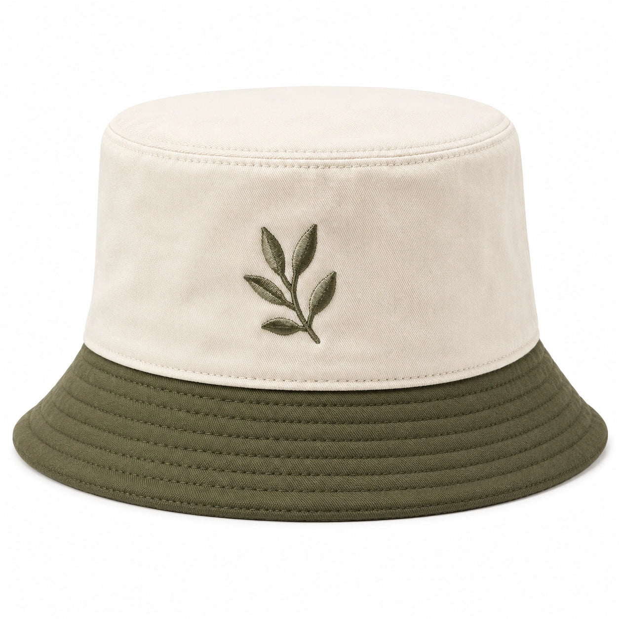 Cappello a Secchiello Ricamato Bicolore Beige e Verde con Motivo a Foglie