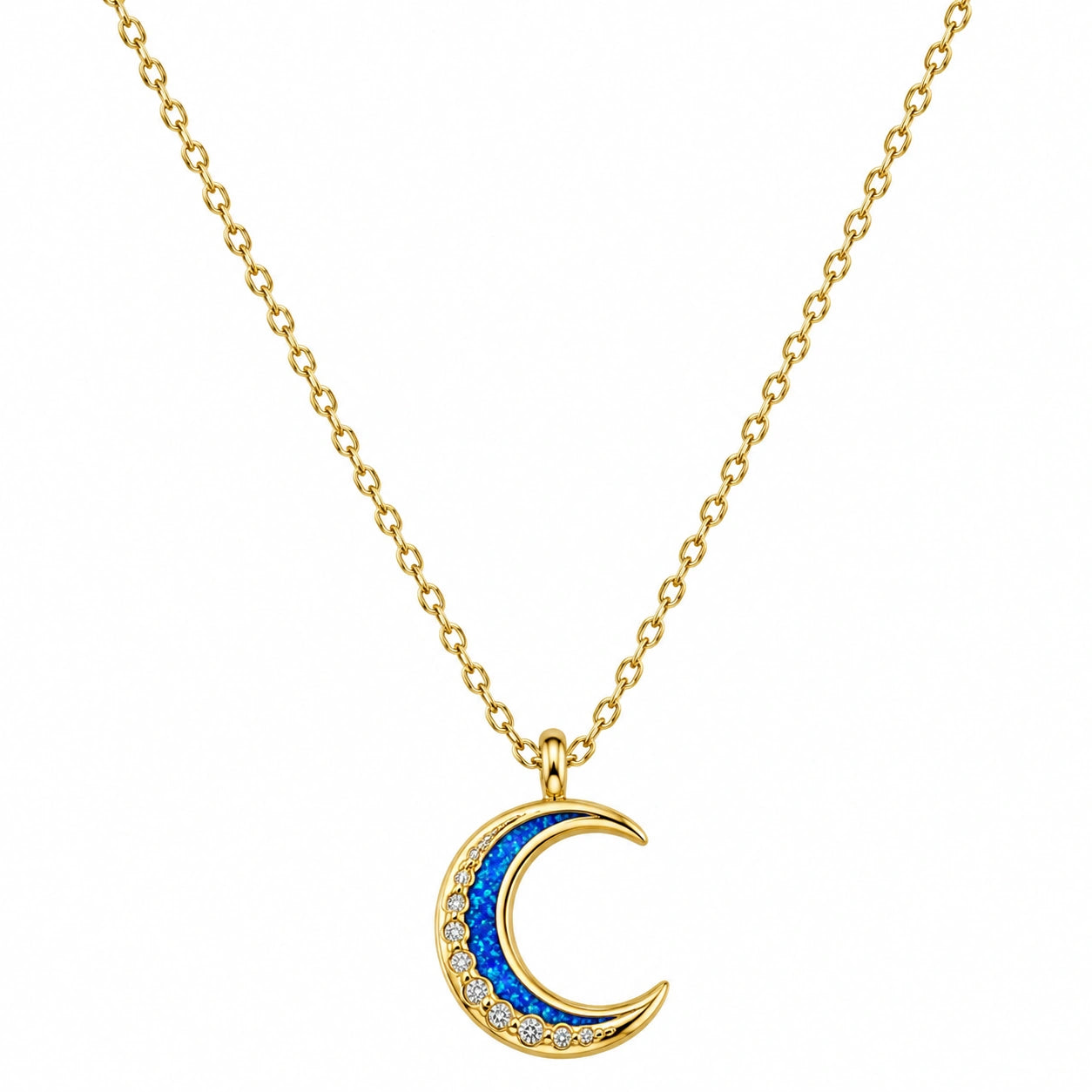 Collana con Pendente Luna in Cristalli Blu e Oro